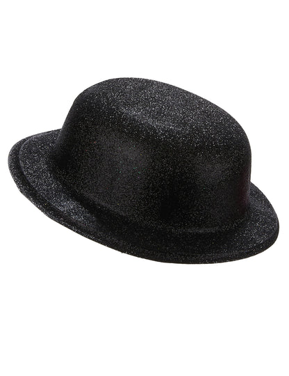 Vue de profil du chapeau melon plastique pailleté pour adulte noir