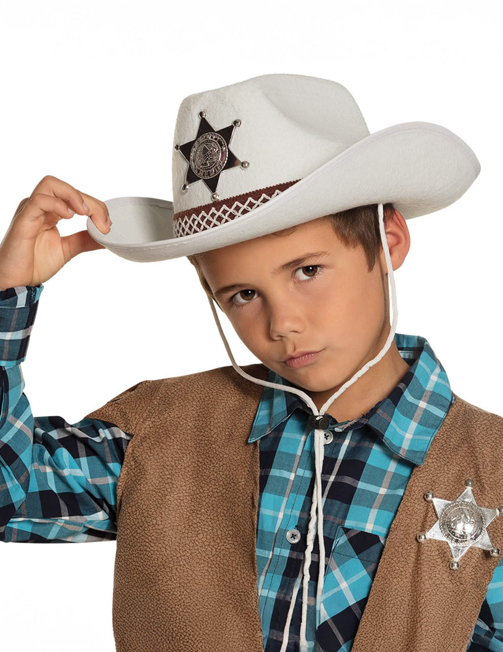 Sombrero de sheriff para niño blanco con estrella plateada