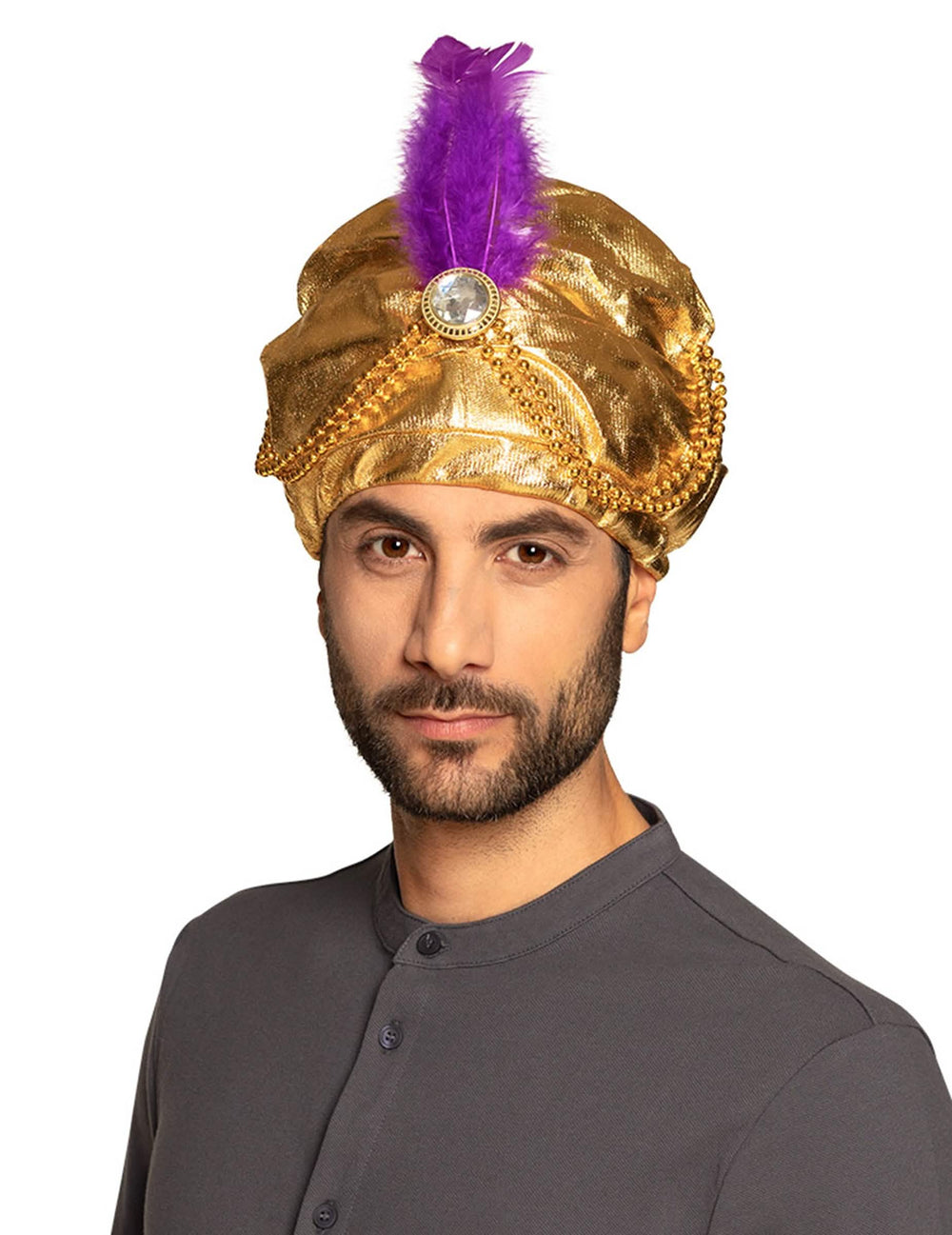 Sombrero sultán para adulto dorado con pluma violeta