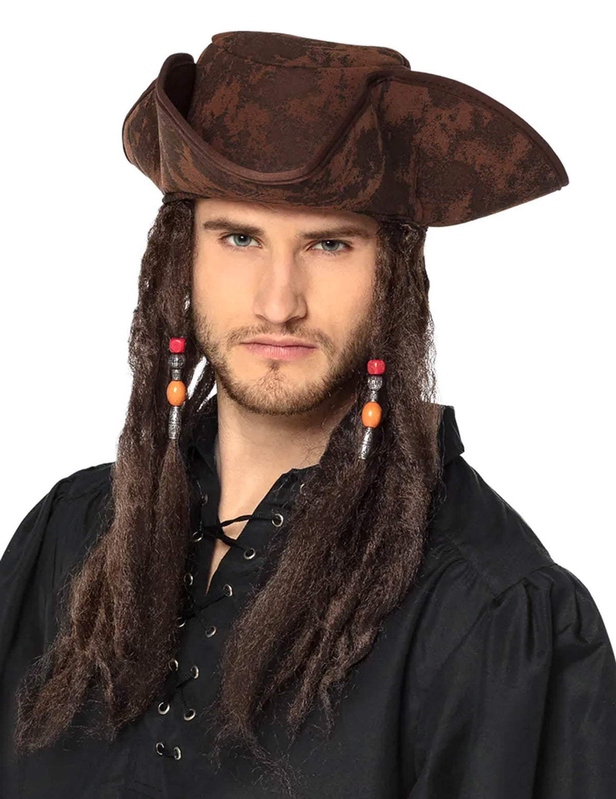 Sombrero tricornio pirata para adulto marrón con cabello
