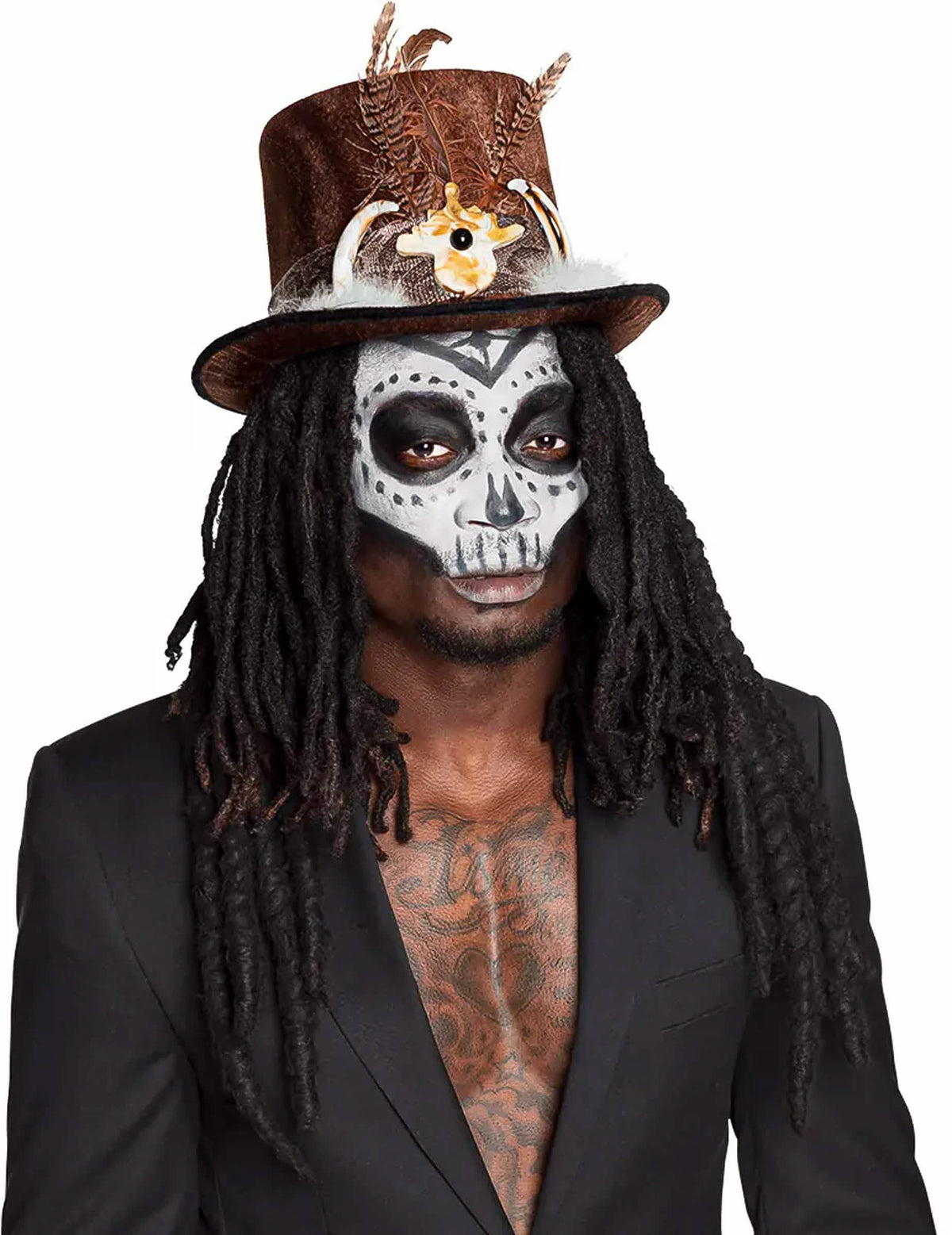 Sombrero vudú con pelo para adulto marrón con plumas y rastas negras