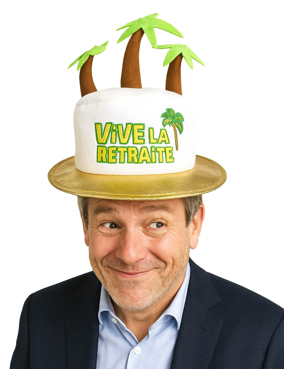 Sombrero ¡Viva la jubilación! para adulto blanco y dorado con palmeras