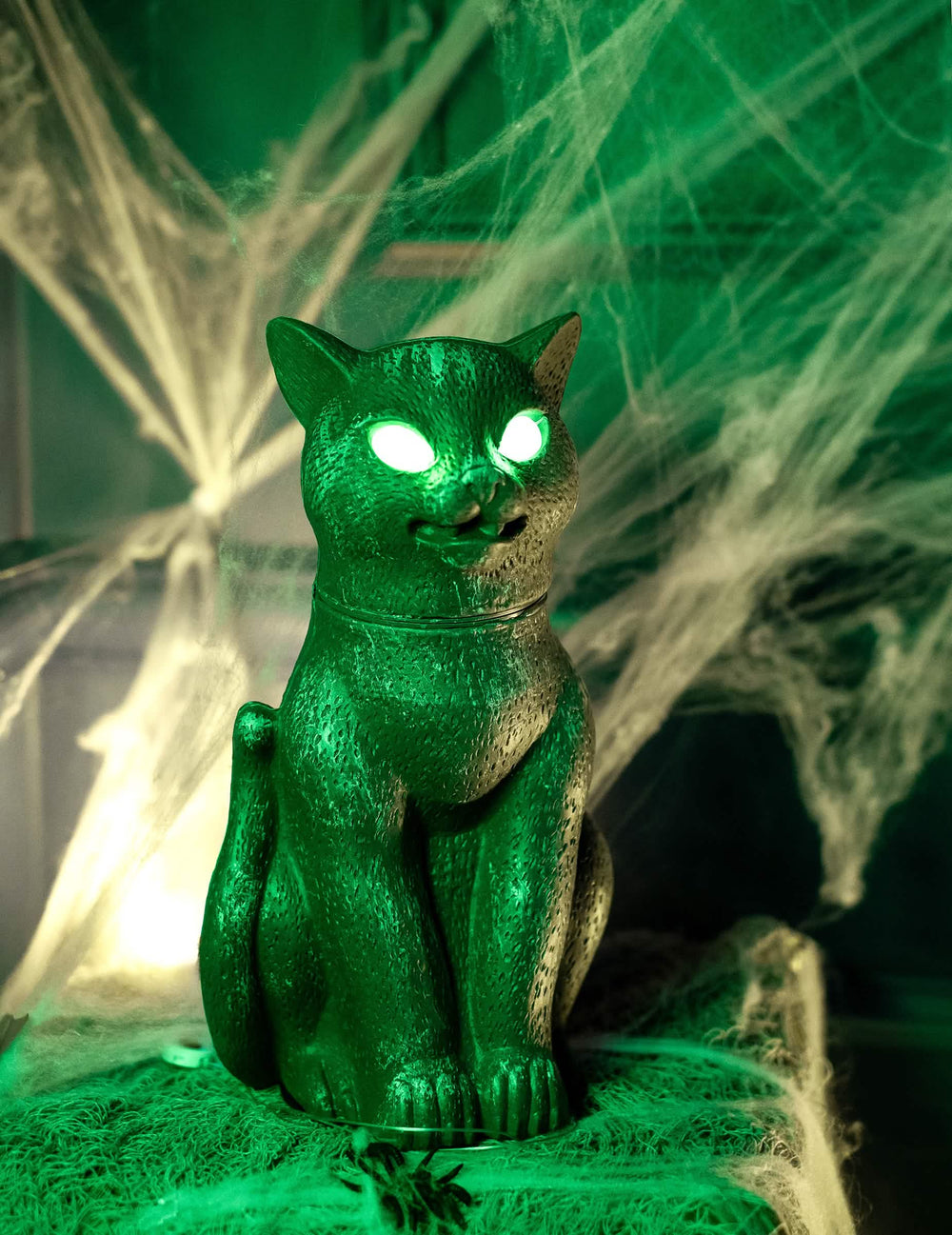 Détail de l'effet lumineux du chat noir aux yeux brillants pour Halloween sonore et lumineux
