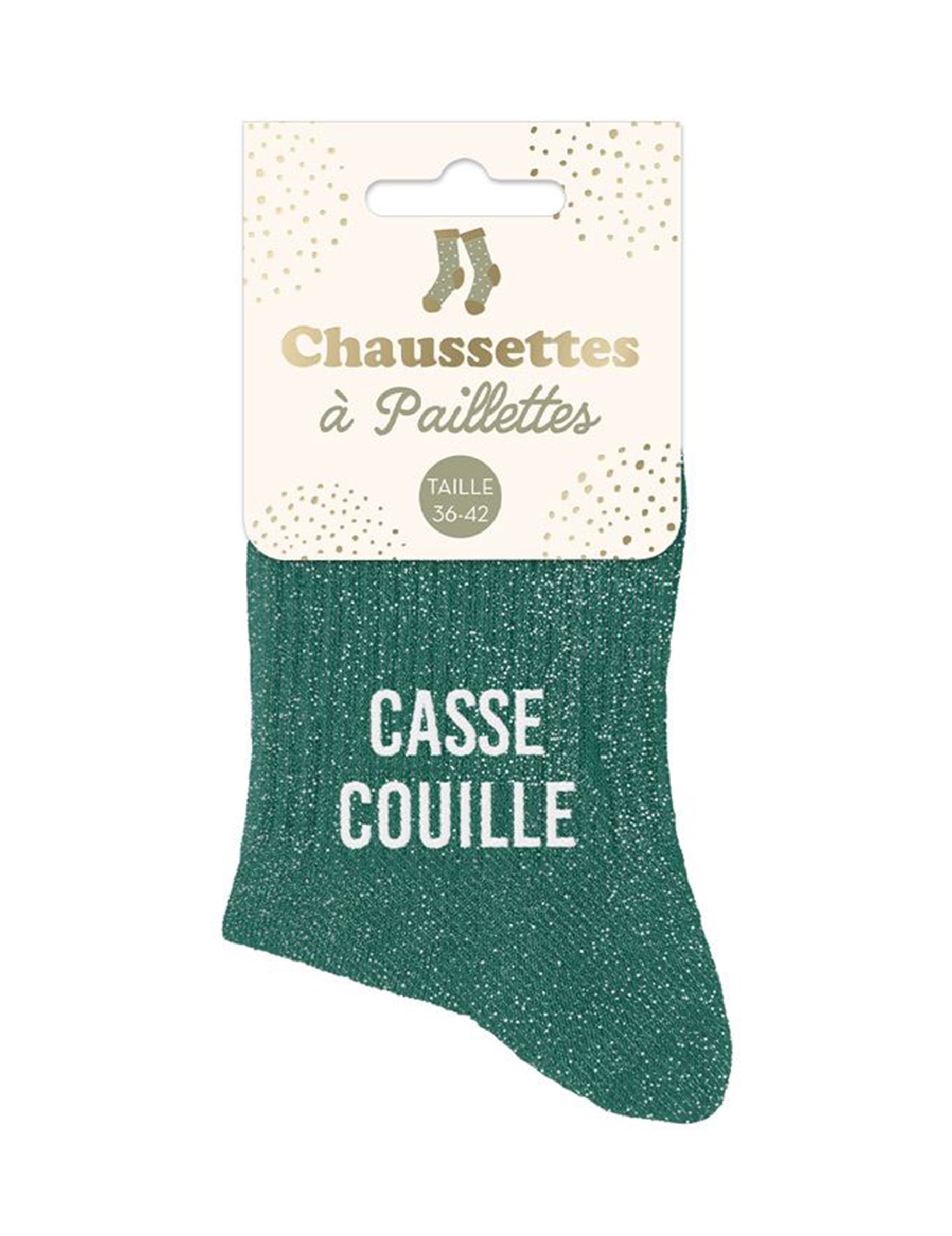 Détail de l'emballage des chaussettes à paillettes Casse couille