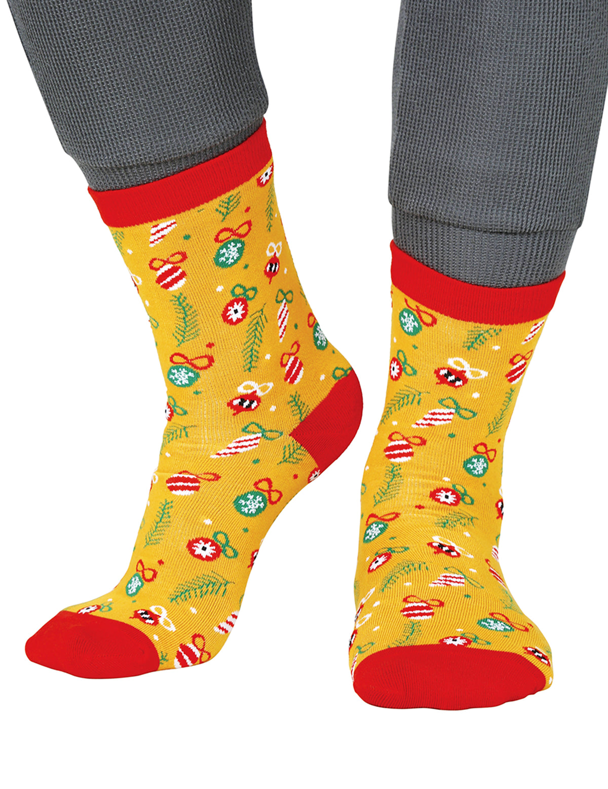 Chaussettes de Noël pour adulte jaune à motifs de boules de Noël