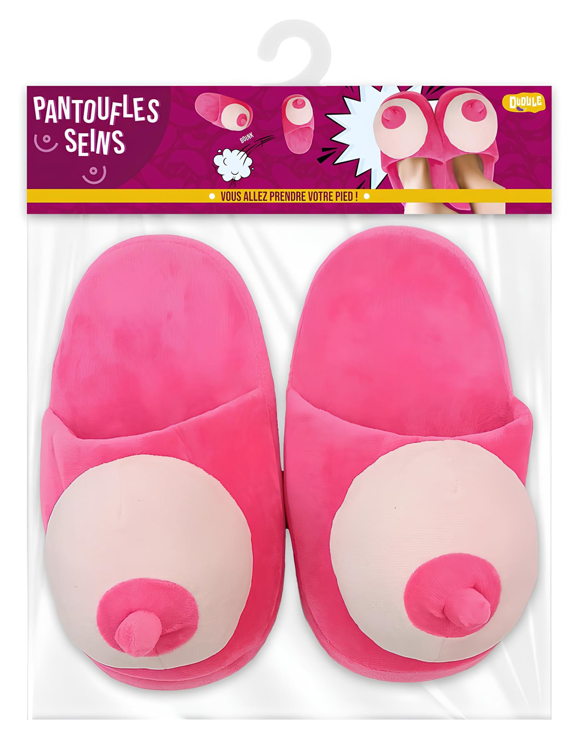 Vue de face du packaging des chaussons humoristiques seins pour adulte