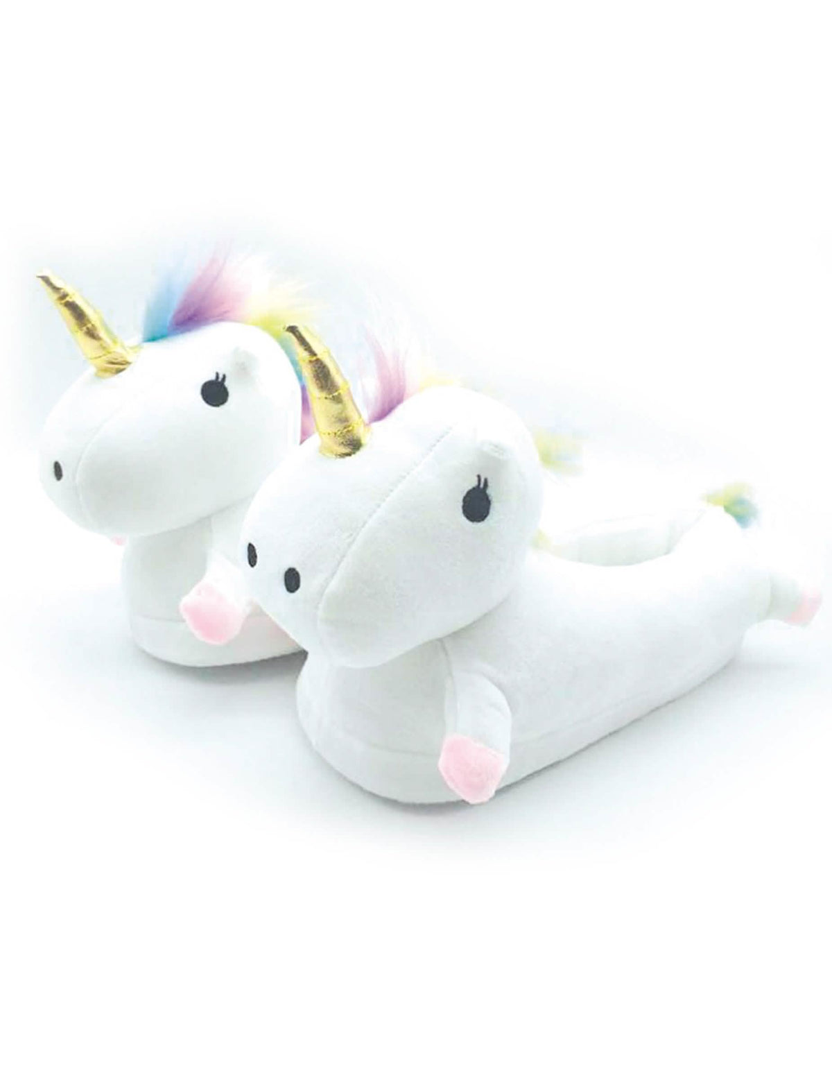 Chaussons licornes pour enfant blancs avec corne dorée et crinière arc-en-ciel