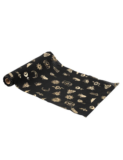 Camino de mesa Divination Cosmic Spirit de gasa negra y dorada 28 cm x 3 m