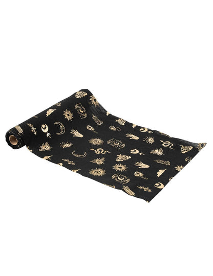 Camino de mesa Divination Cosmic Spirit de gasa negra y dorada 28 cm x 3 m