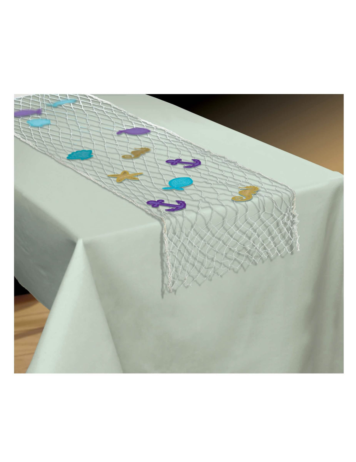 Camino de mesa de red de pesca sirenas blanco decorado con motivos marineros coloridos