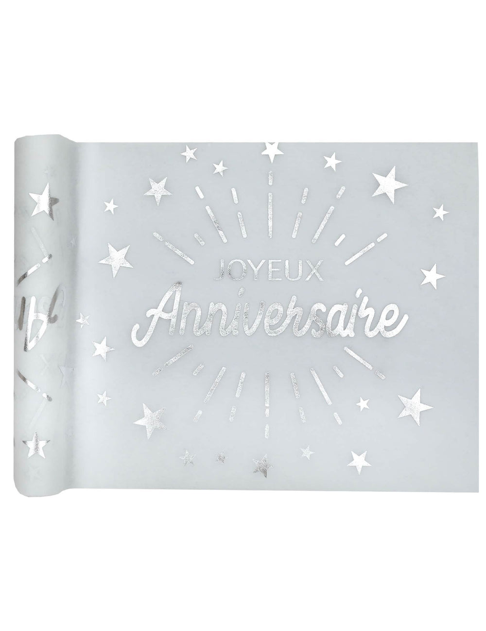 Chemin de table intissé anniversaire pour fête blanc et argent avec étoiles