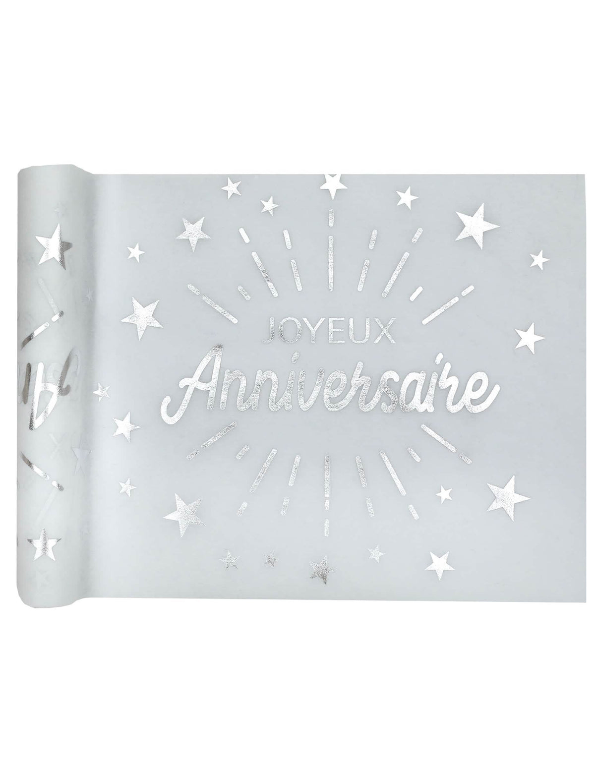 Chemin de table intissé anniversaire pour fête blanc et argent avec étoiles