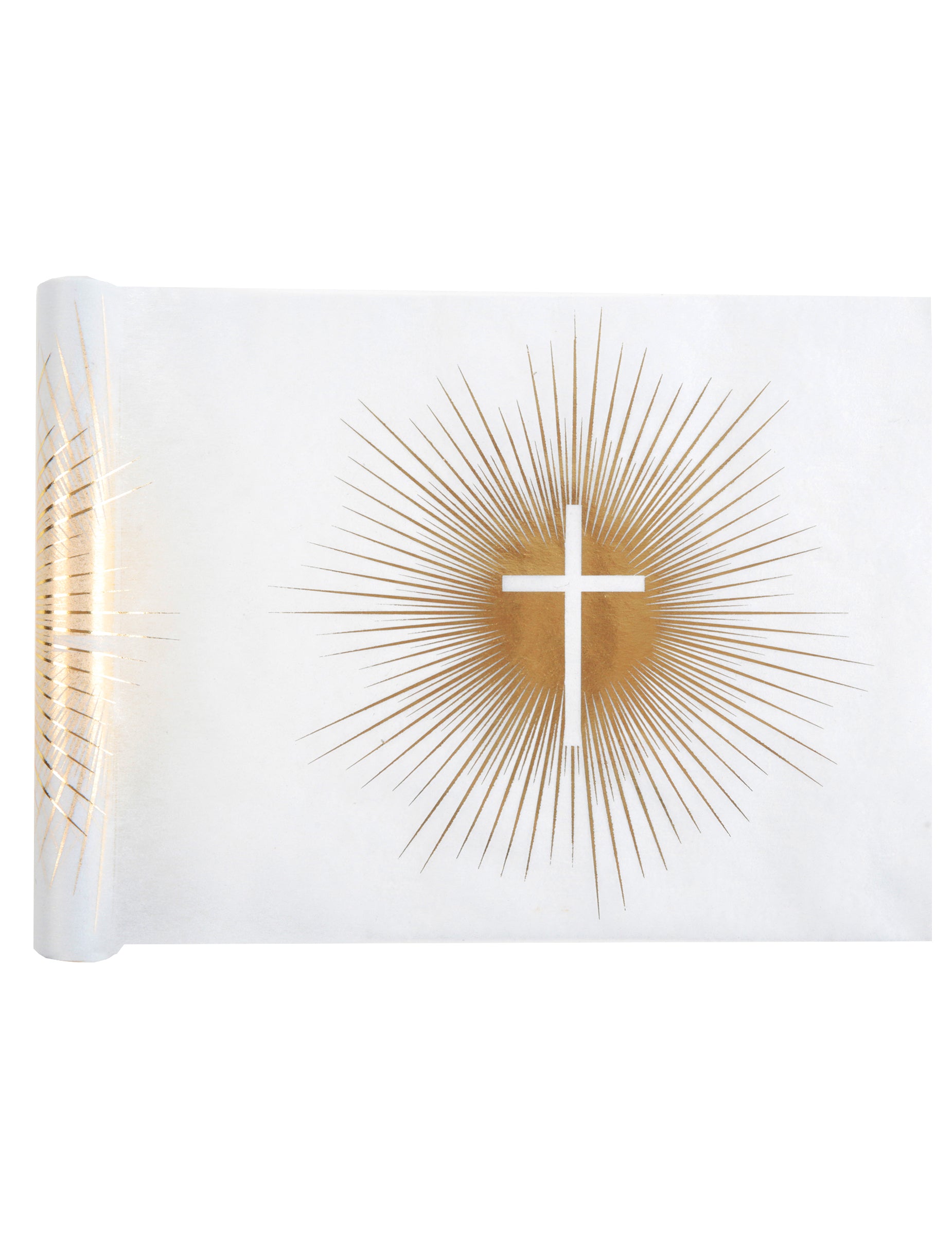 Chemin de table intissé de cérémonie blanc et doré avec croix
