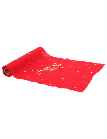 Camino de mesa Feliz Navidad atemporal rojo y dorado 28 cm x 3 m