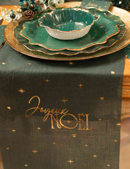 Camino de mesa Feliz Navidad atemporal verde inglés y dorado 28 cm x 3 m