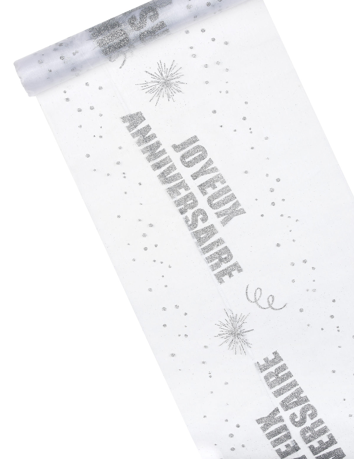 Chemin de table organza Joyeux anniversaire argent pailleté