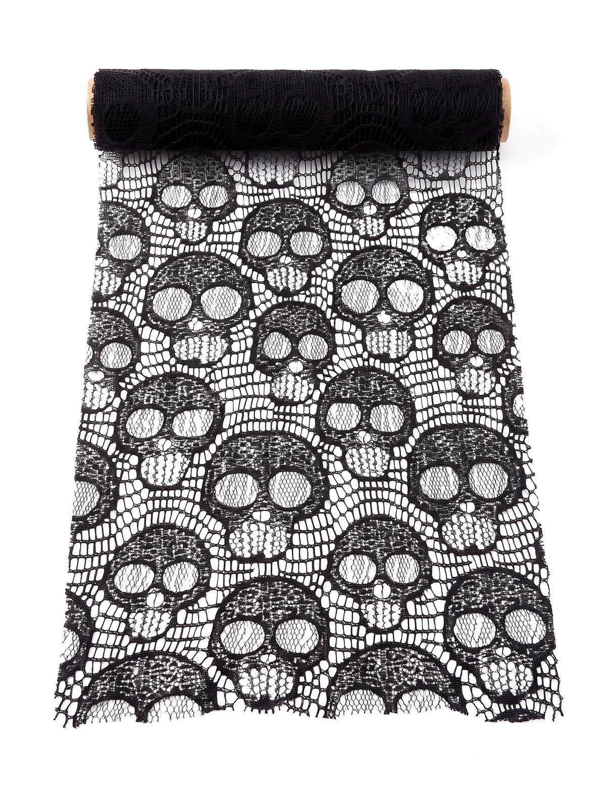 Camino de mesa de calaveras en encaje negro 28 cm x 3 m