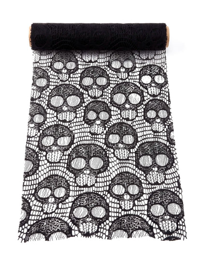 Camino de mesa de calaveras en encaje negro 28 cm x 3 m