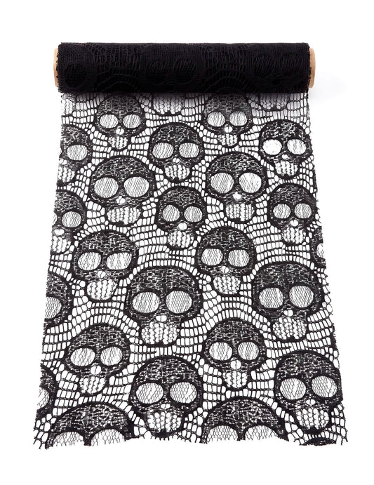 Camino de mesa de calaveras en encaje negro 28 cm x 3 m