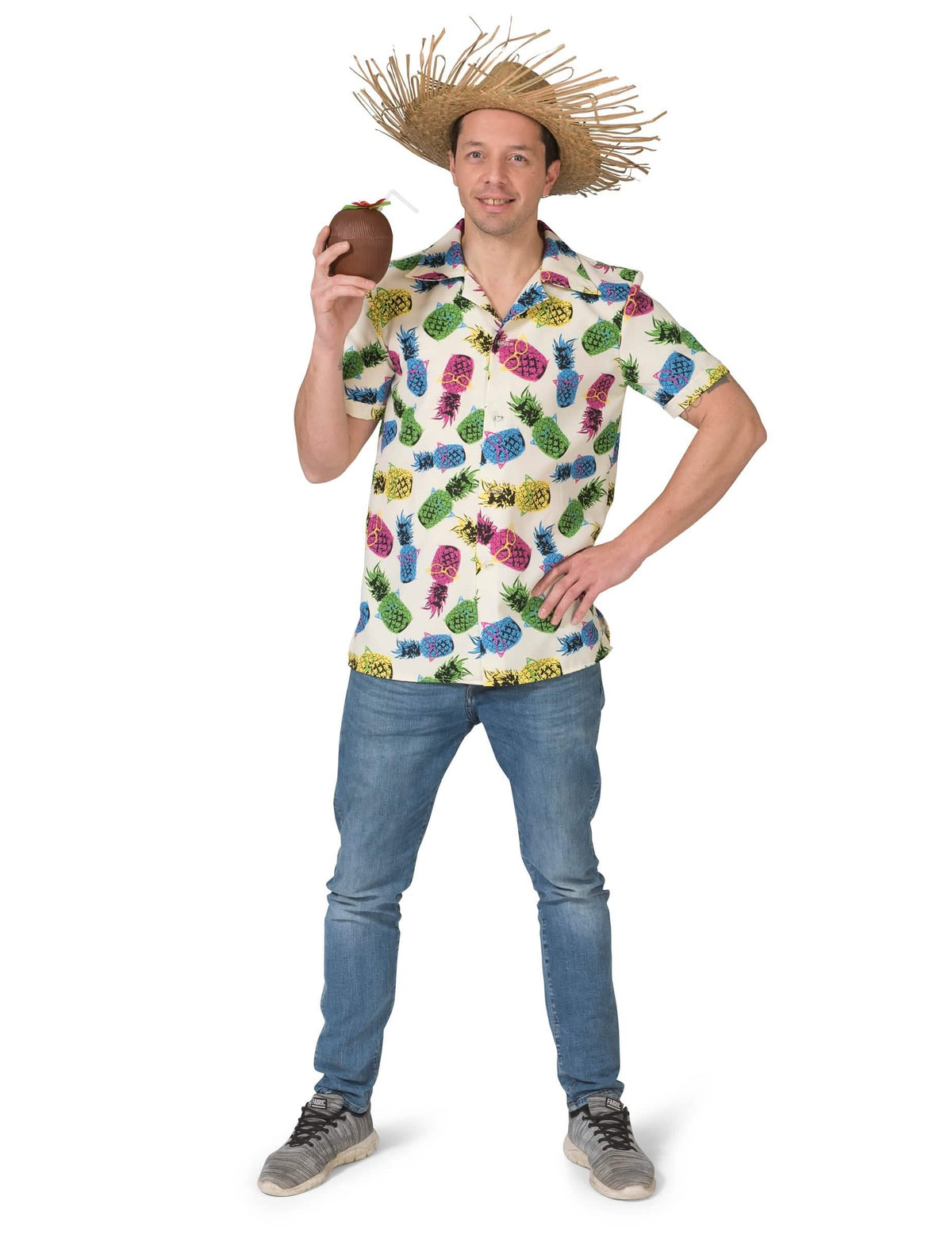Camisa con estampado de piñas para hombre blanca con motivos multicolores