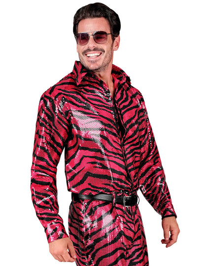 Vue de profil de la chemise à sequins tigrée pour homme rose