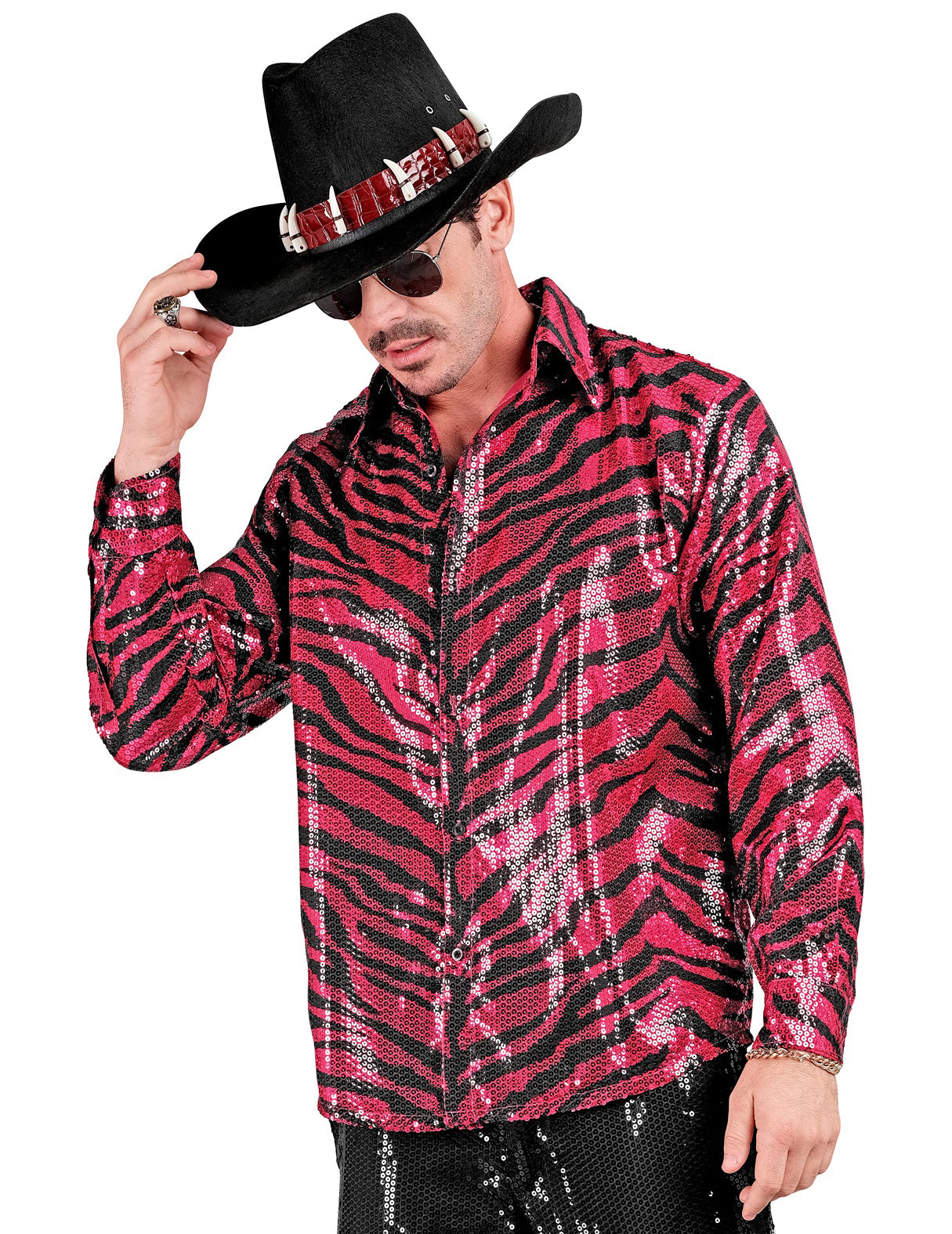 Vue de face accessoirisée de la chemise à sequins tigrée pour homme rose