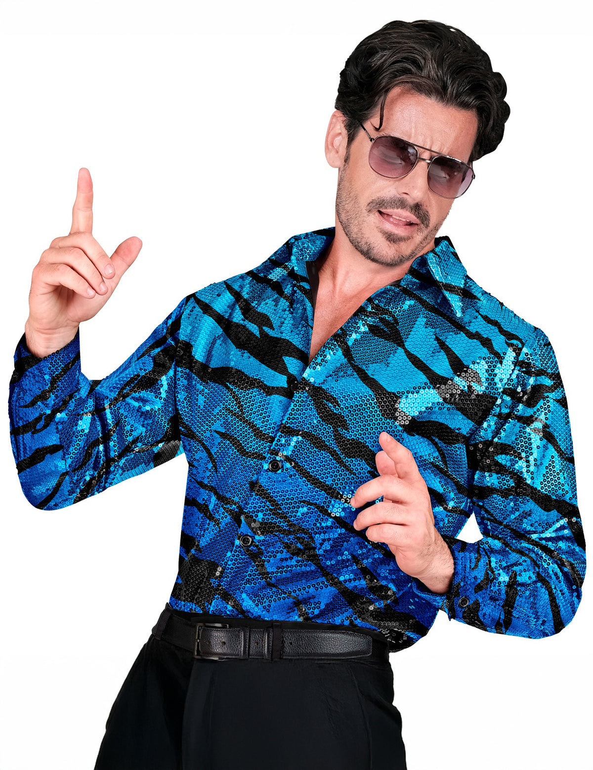 Camisa azul ondulada con lentejuelas para hombre