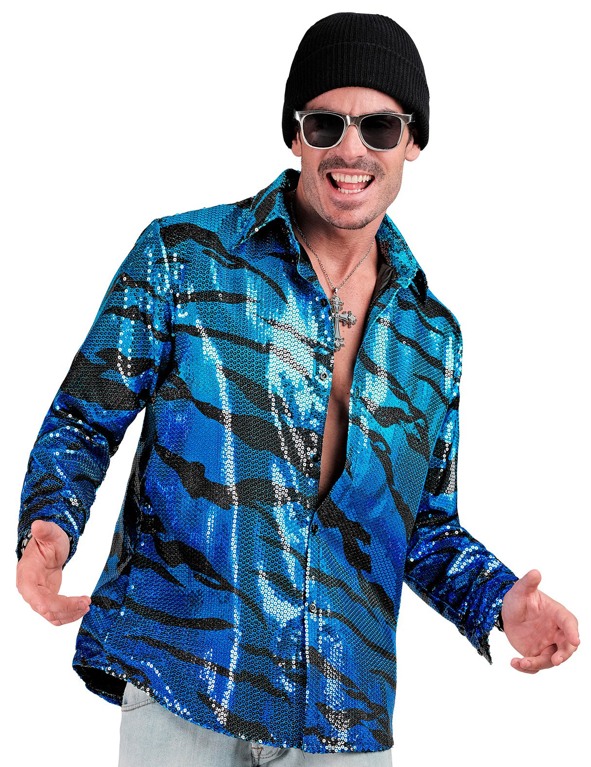 Camisa azul ondulada con lentejuelas para hombre