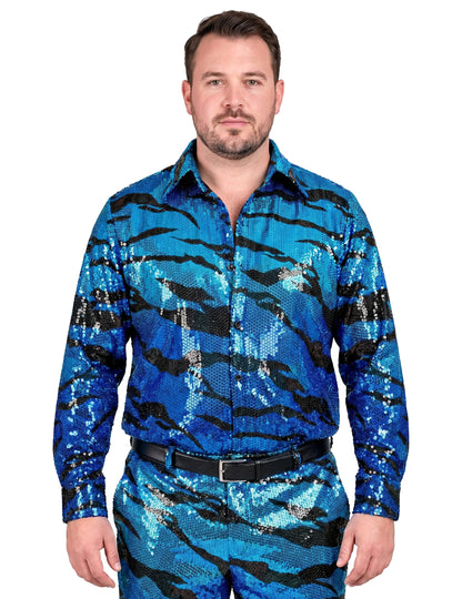Camisa azul ondulada con lentejuelas para hombre