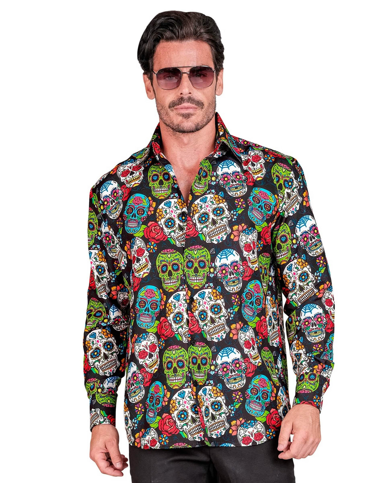 Chemise Dia de los muertos pour homme noire à motifs de têtes de mort colorées