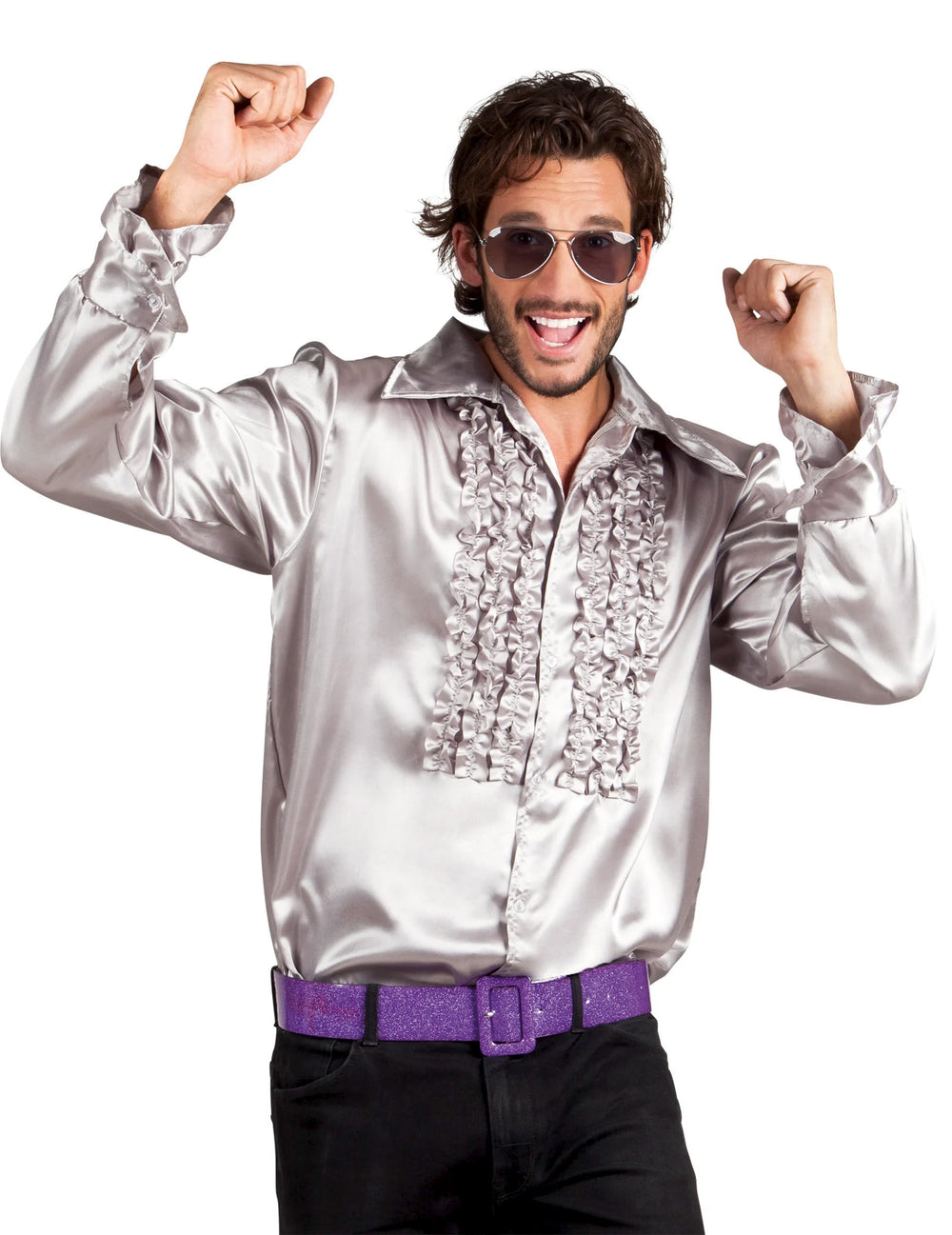 Chemise disco pour homme argentée à jabot