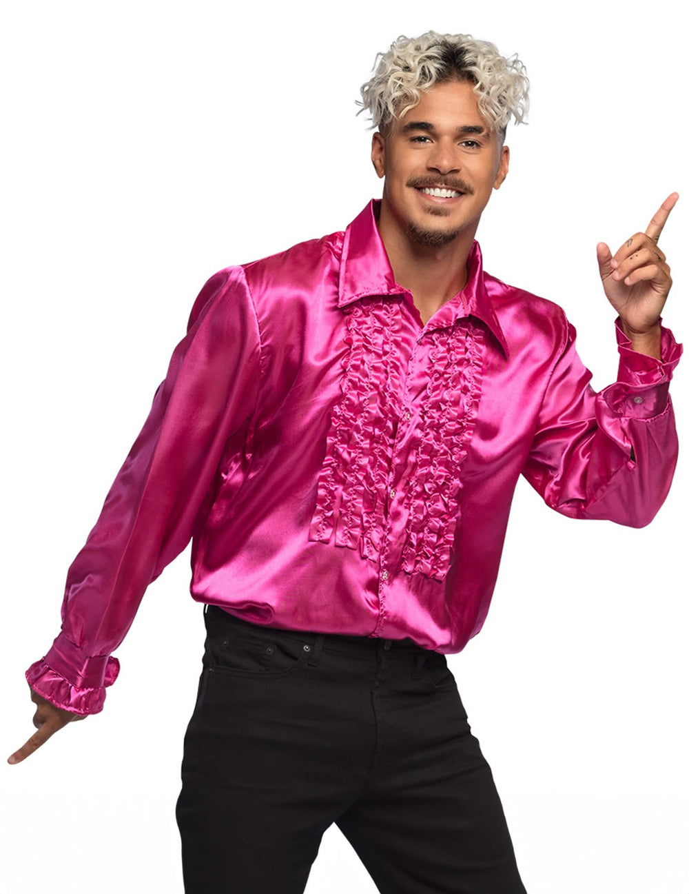 Camisa disco para hombre rosa satinada con volantes
