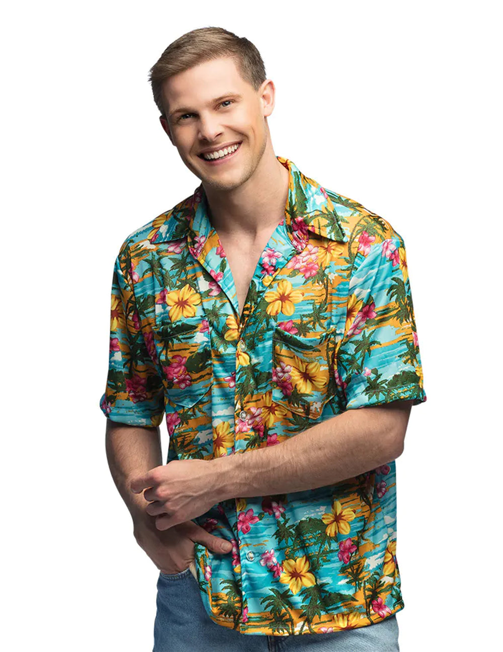 Vue de face de la chemise Hawaï paradise pour adulte