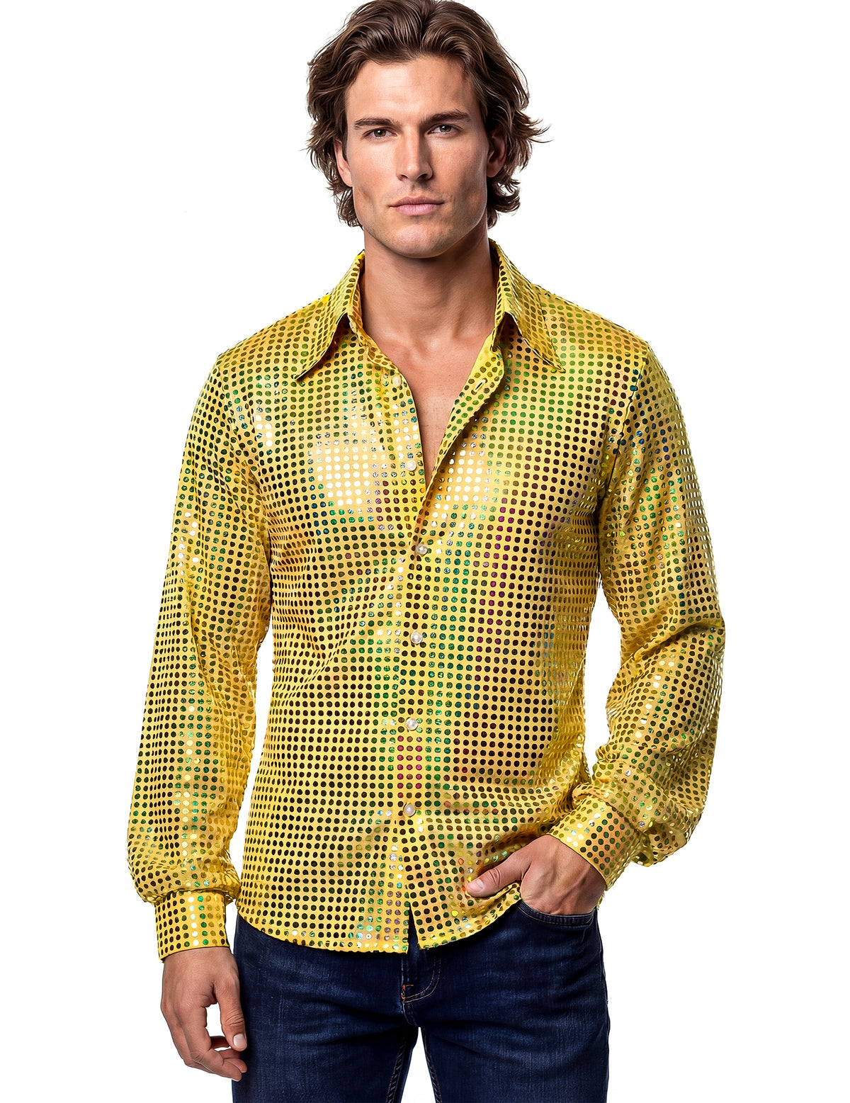 Vue de face de la chemise disco pour homme jaune haut de gamme à sequins