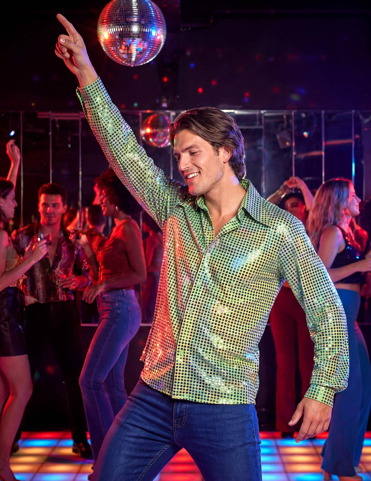 Camisa disco para hombre verde con lentejuelas deluxe