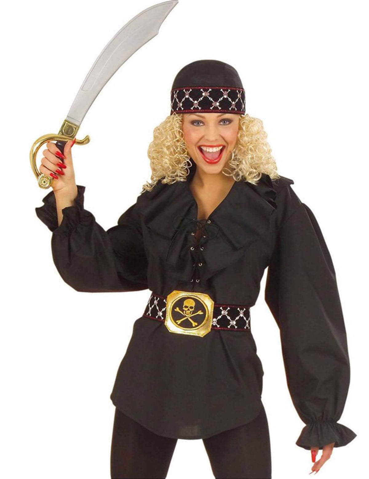 Camisa pirata para mujer negra con cinturón con cabeza de muerto y bandana