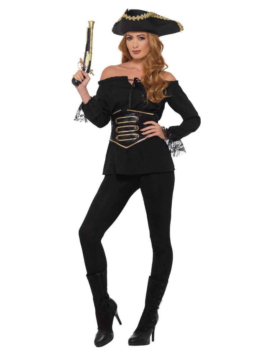 Chemise pirate luxe pour femme noire avec détails dorés et dentelle aux manches