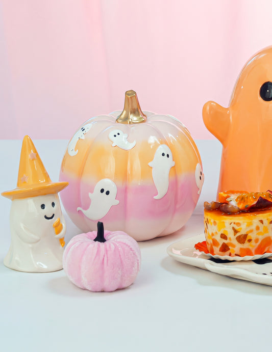 Calabaza de resina en colores degradados con fantasmas 14,8 cm