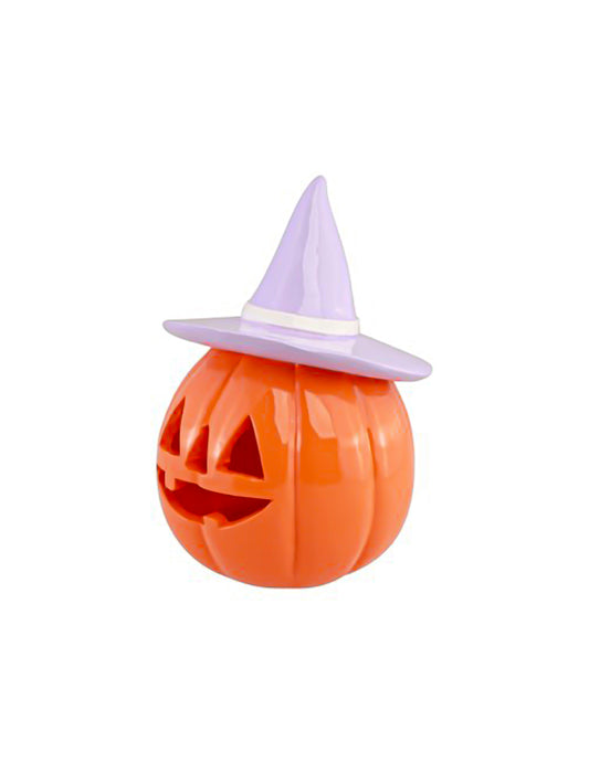 Calabaza de resina naranja con sombrero lila 17 cm