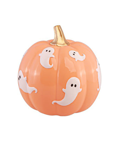 Calabaza de resina naranja pastel con fantasmas 14,5 x 14,5 x 14,8 cm
