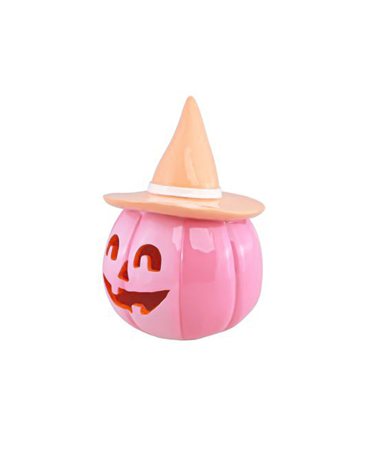 Calabaza de resina rosa con sombrero naranja pastel 17 cm