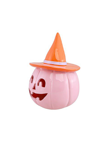 Calabaza de resina rosa pastel con sombrero naranja 17 cm