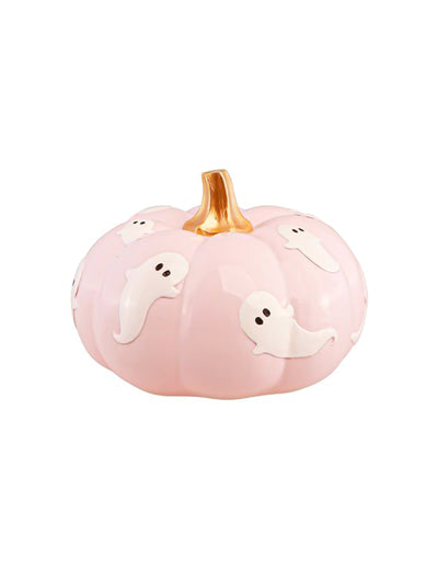 Calabaza de resina rosa pastel con fantasmas 15,5 cm