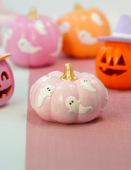 Calabaza de resina rosa pastel con fantasmas 15,5 cm