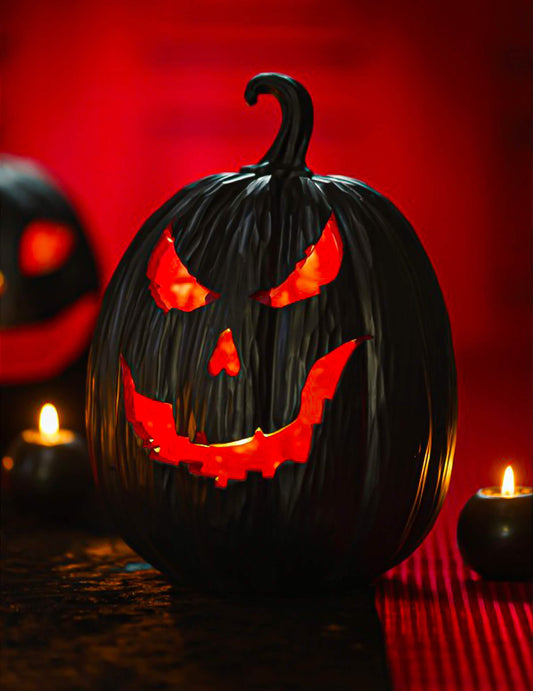Calabaza demonio decorativa de resina negra y roja con LED 21 x 21 x 29 cm
