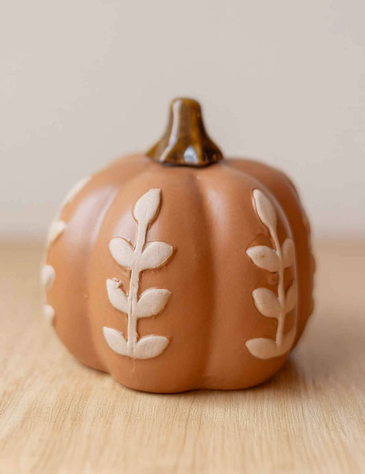 Calabaza de cerámica con follaje canela 10 cm