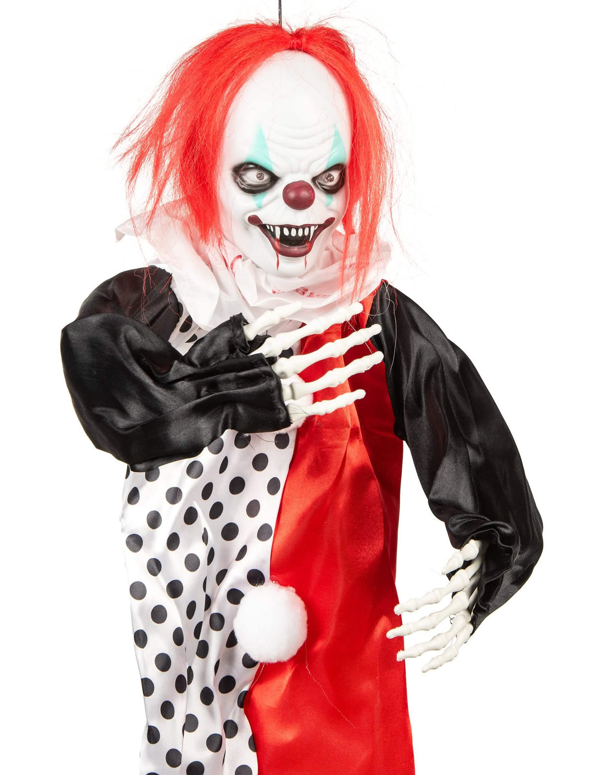 Clown assassin lumineux pour décoration Halloween avec cheveux rouges et mains squelettes