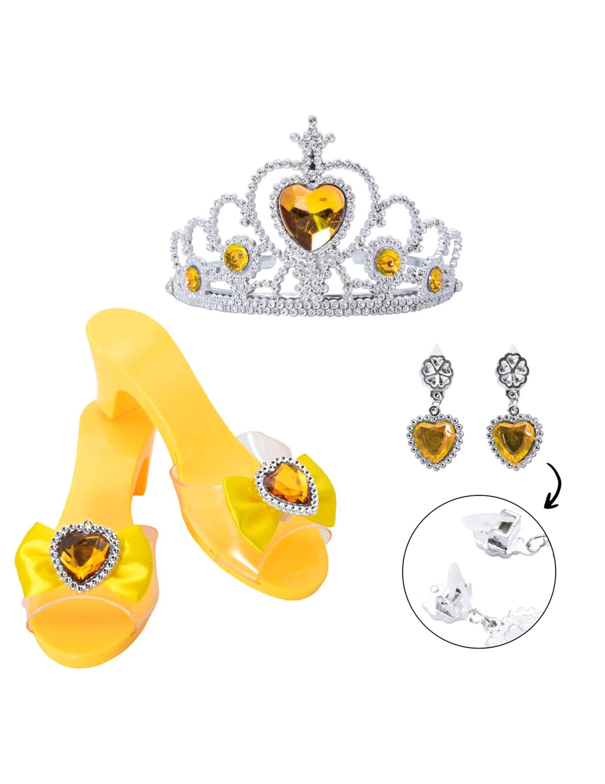 Vue de l'ensemble jaune avec détail des boucles d'oreilles du coffret accessoires princesses pour enfant