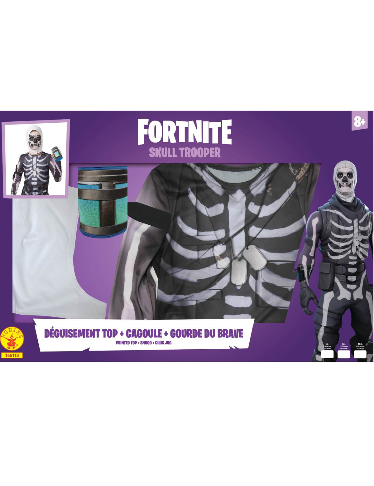 Detalles de la parte superior de la capucha y de la botella del set de disfraz Skull Trooper Fortnite
