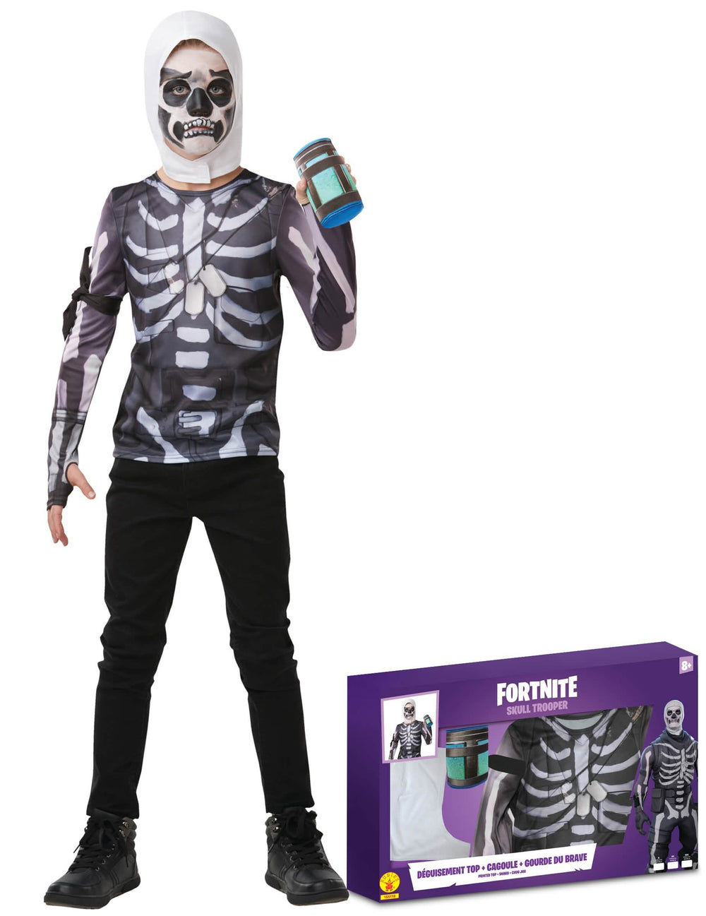Set de disfraz Skull Trooper Fortnite para adolescente blanco y negro con pasamontañas y cantimplora